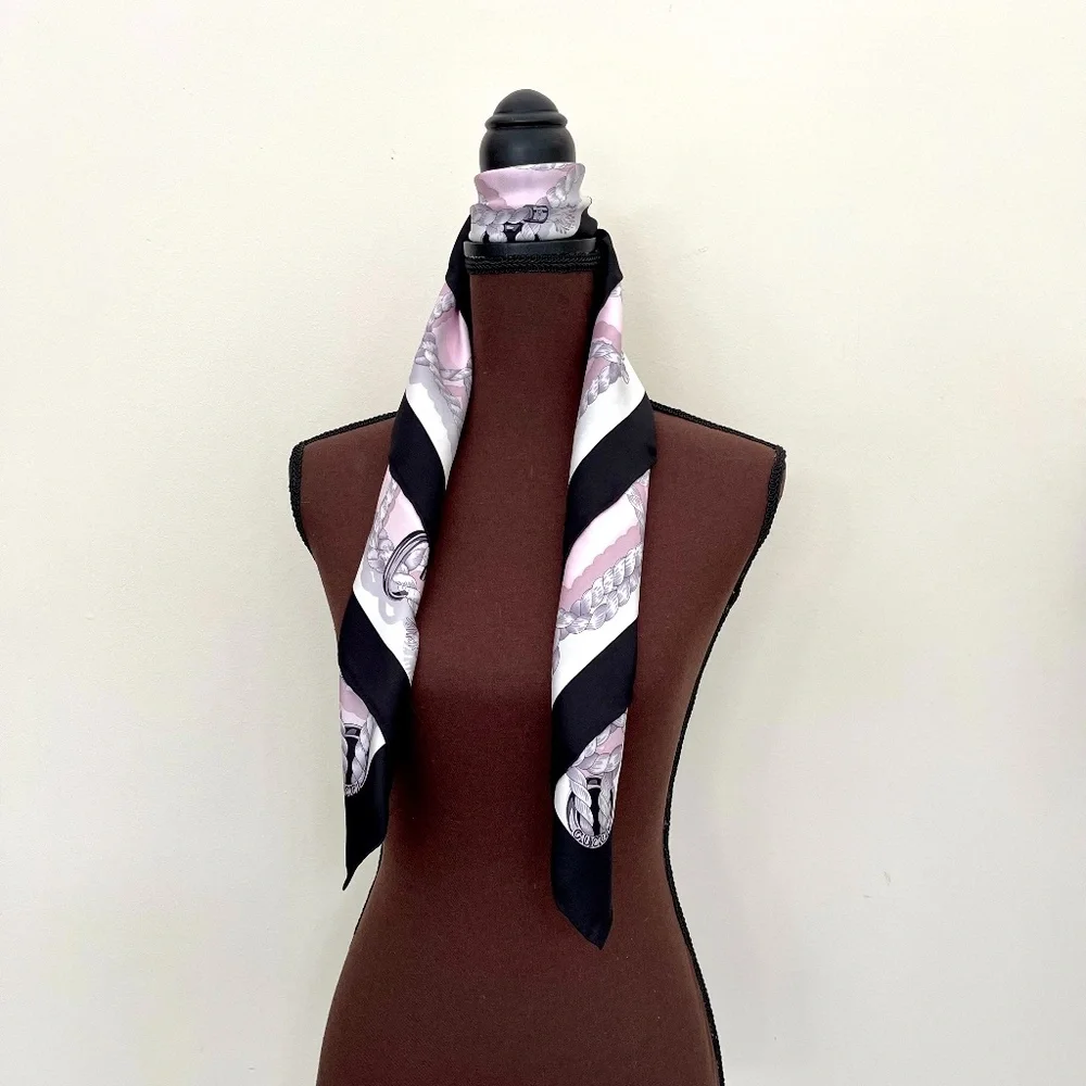 New Gucci Silk Scarf Pink Ropes Print Black Border Silk Wrap Scarf